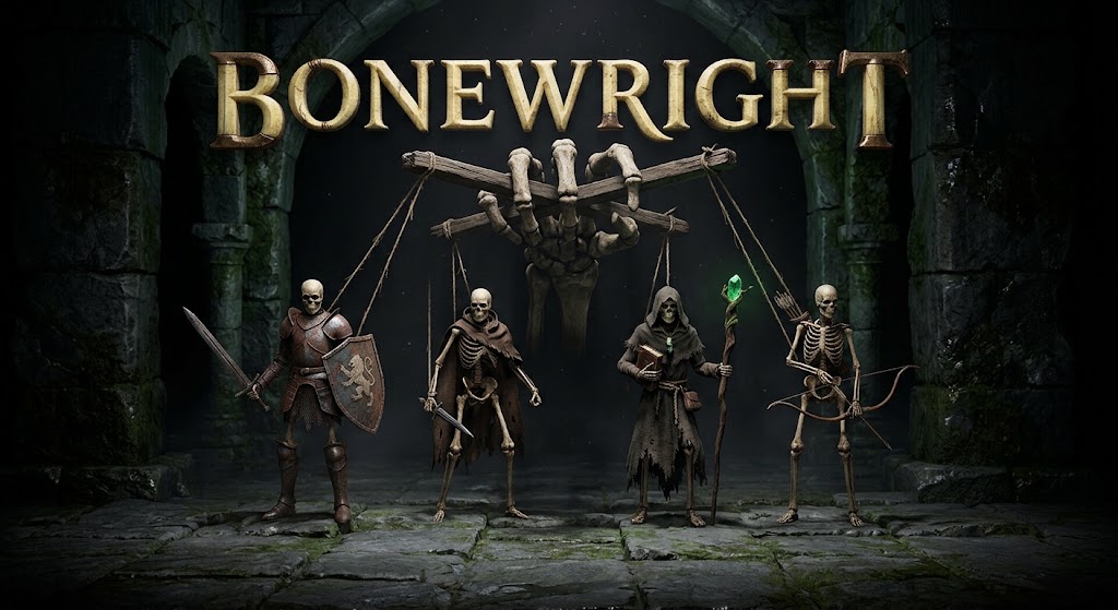 Concept art showing Bonewright's necromancer and a party of risen skeletons